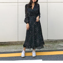 Load image into Gallery viewer, Elegant Ruffles Chiffon Women Long Dress Star Print Autumn Sexy V-neck Sashes Maxi Dress Evening Party Female Dress Vestidos