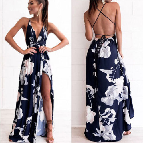 Summer Women Maxi Boho Beach Long Backless Dress Sleeveless Evening Party Ball Maxi Dresses New Slit Bodycon Sundress