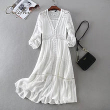 Load image into Gallery viewer, Ordifree 2019 Summer Women Long Tunic Beach Dress Sundress Long Sleeve White Lace Sexy Boho Maxi Dress