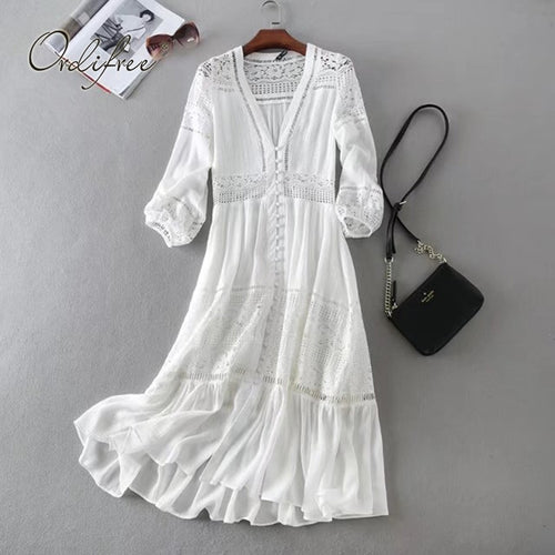 Ordifree 2019 Summer Women Long Tunic Beach Dress Sundress Long Sleeve White Lace Sexy Boho Maxi Dress