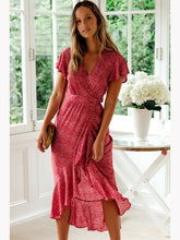 Load image into Gallery viewer, Sexy Ruffles Summer Women's Dresses 2019 Red Short Sleeve Polka Dot Maxi Dress V-neck Asymmetrical Boho Beach Dress Femme