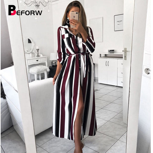 BEFORW 2019 Office Lady Turn-Down Collar Button Lace Up Long Shirt Dress Women Autumn Spring Long Sleeve Stripe Maxi Dresses